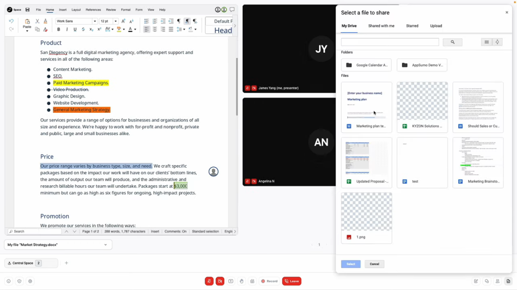 A computer screen displaying a document editor with text and a file-sharing interface on the right.