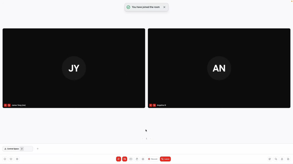 Two black video call screens labeled "JY" and "AN" with settings icons below.