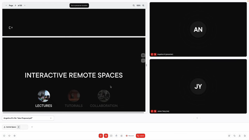 A video call interface showing three participants. The main screen displays a presentation titled "Interactive Remote Spaces" with subheadings: "Tutorials," "Collaboration.