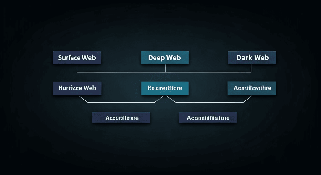 Diagram showing hierarchical categories: Surface Web, Deep Web, and Dark Web, each branching into subcategories with some text rendered illegibly.