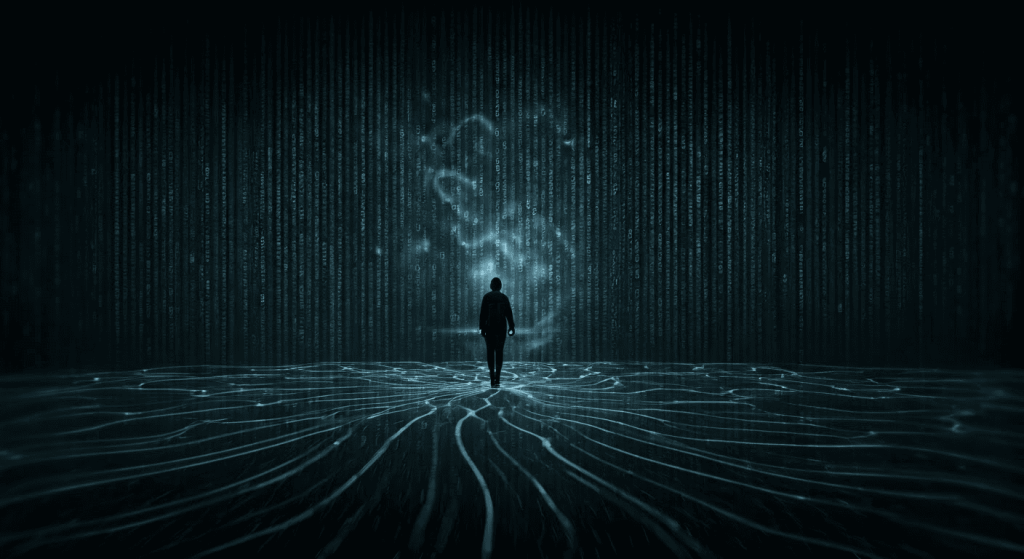 A silhouetted person stands on a digital landscape with glowing network lines, facing a background of vertical binary code and abstract light patterns.