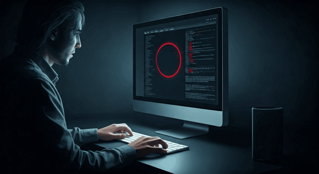 Person typing on a keyboard in front of a computer monitor displaying code and a large red circle, in a dimly lit room.