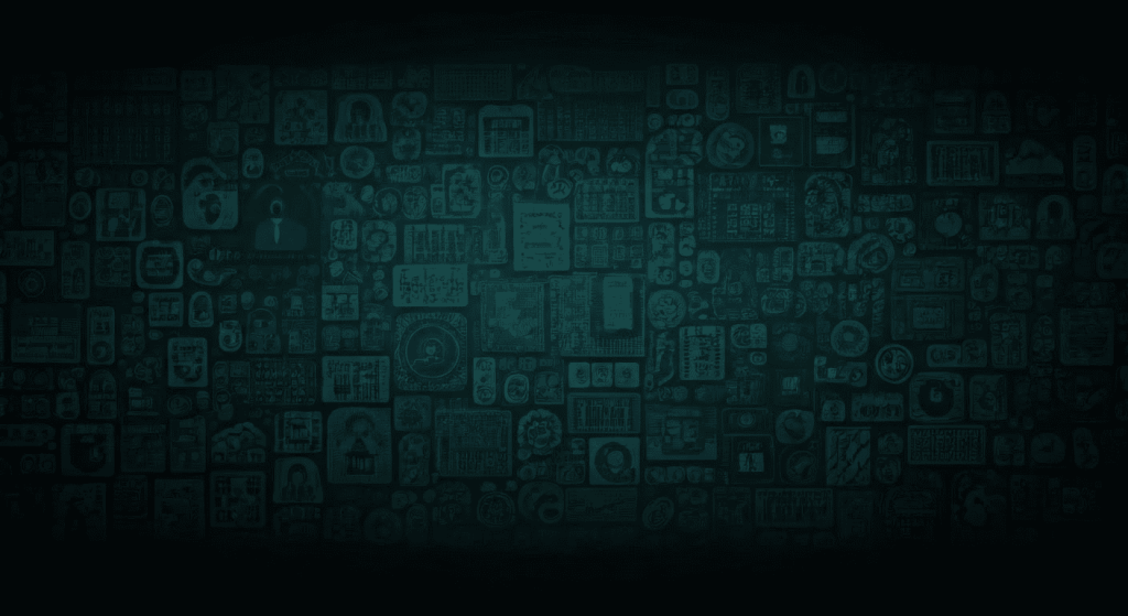 A dark green collage of numerous small technology and data-related icons and diagrams arranged in a grid pattern.