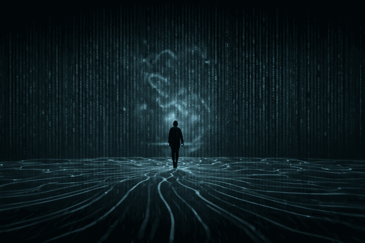 A silhouetted person stands on a digital landscape with glowing network lines, facing a background of vertical binary code and abstract light patterns.