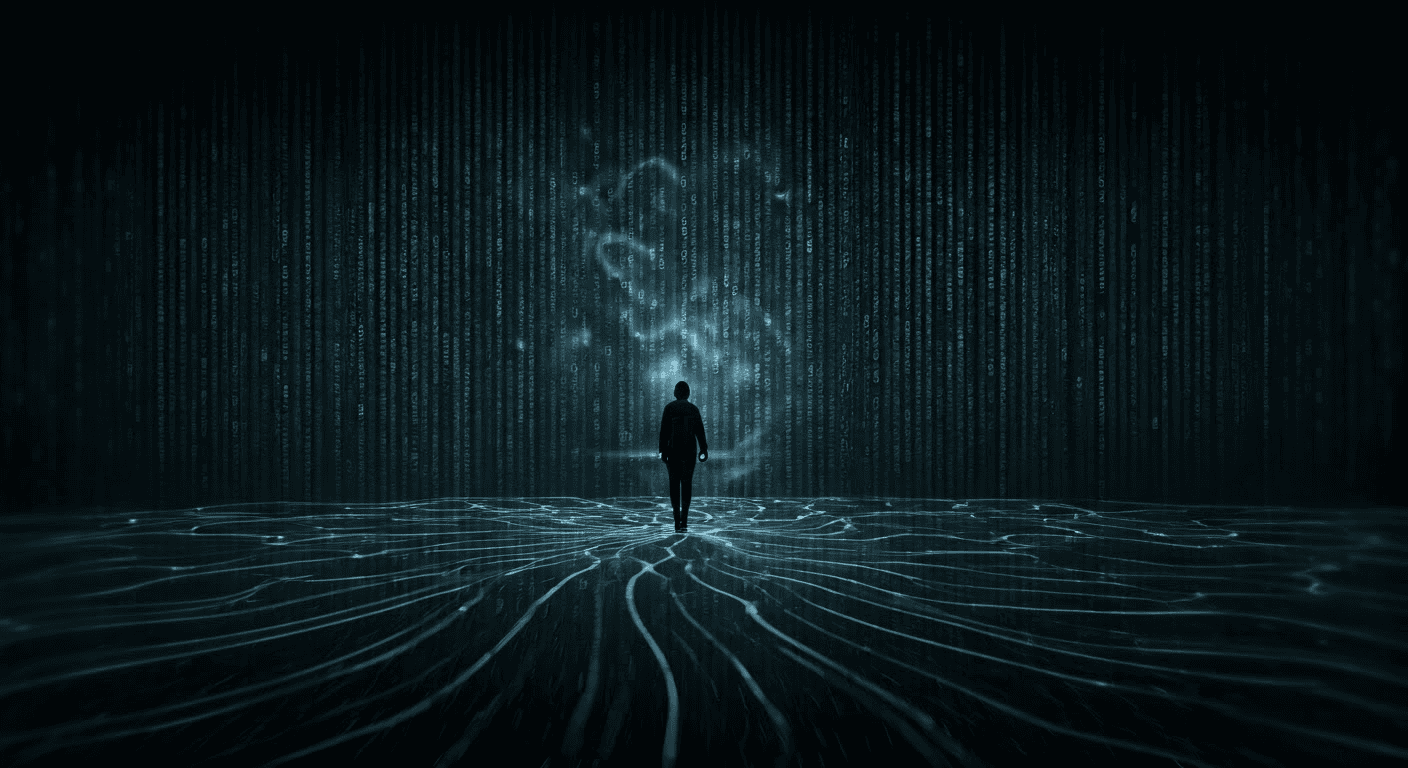 A silhouetted person stands on a digital landscape with glowing network lines, facing a background of vertical binary code and abstract light patterns.